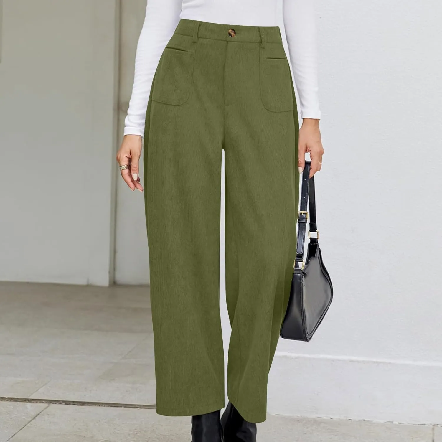 Lastesso Pants for Women Soft Corduroy High Waisted Pants with Pockets Casual Business Lounge Long Trousers Solid Slacks