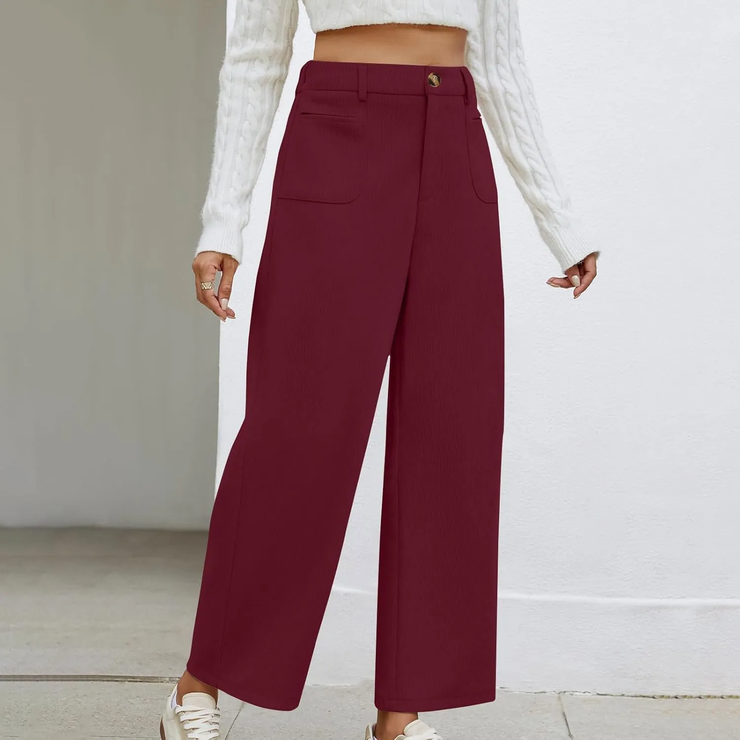 Lastesso Pants for Women Soft Corduroy High Waisted Pants with Pockets Casual Business Lounge Long Trousers Solid Slacks