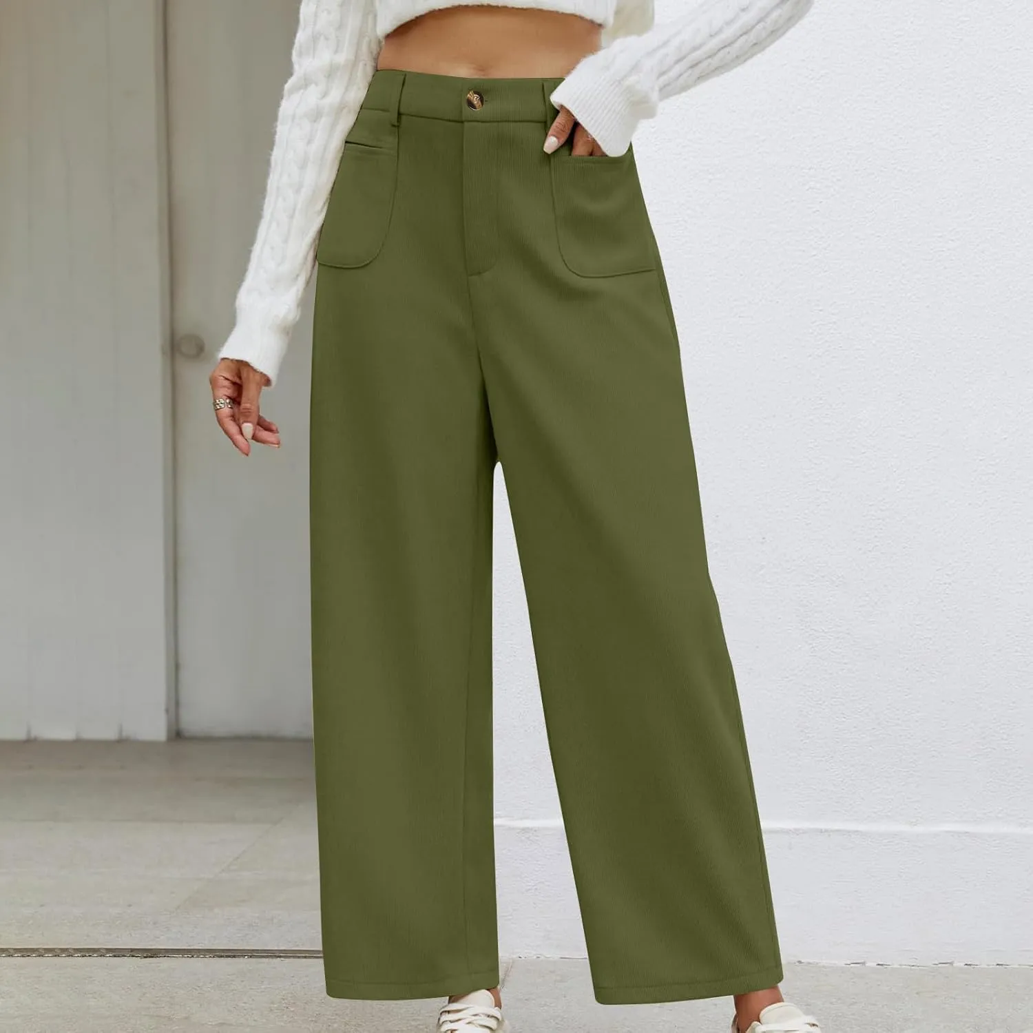 Lastesso Pants for Women Soft Corduroy High Waisted Pants with Pockets Casual Business Lounge Long Trousers Solid Slacks
