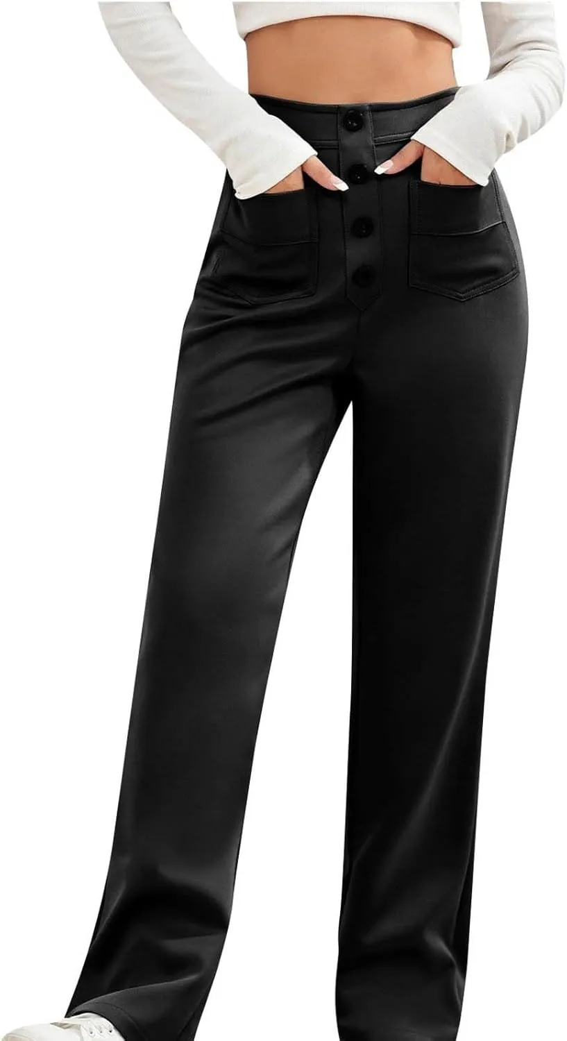 Lastesso Work Pants for Women Soft Long Straight Trousers Casual Wid Leg Pants High Waist Button Up Baggy Pants with Pockets