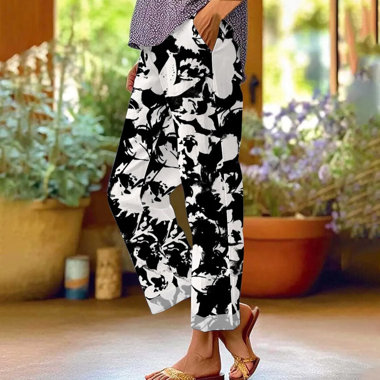 LCMTWX Wide Leg Pants Woman Solid Elastic Pants Long Drawstring Linen Women Waist Cotton Casual Pants Straight Leg Crop