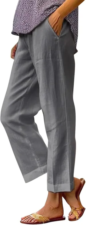 LCMTWX Wide Leg Pants Woman Solid Elastic Pants Long Drawstring Linen Women Waist Cotton Casual Pants Straight Leg Crop