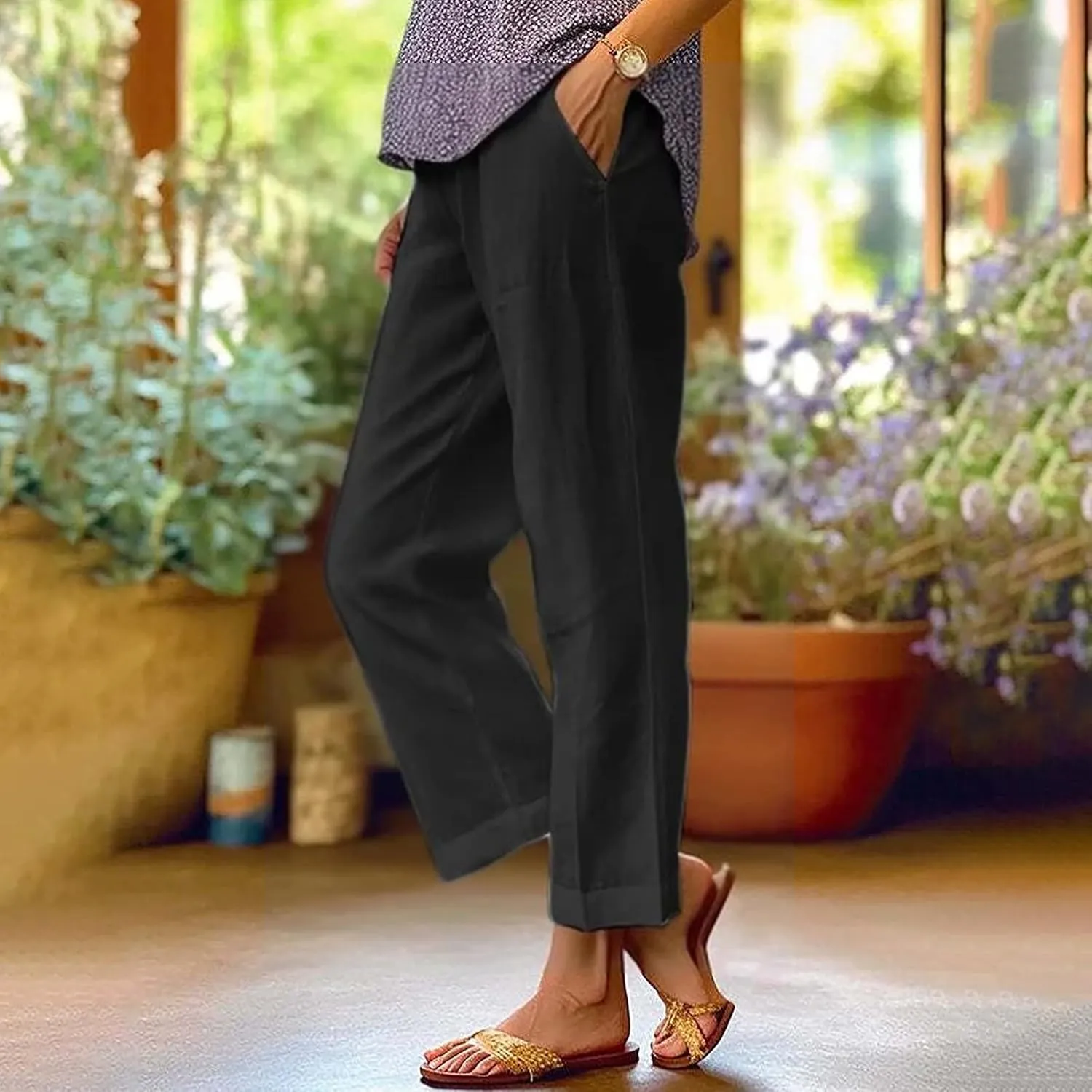 LCMTWX Wide Leg Pants Woman Solid Elastic Pants Long Drawstring Linen Women Waist Cotton Casual Pants Straight Leg Crop