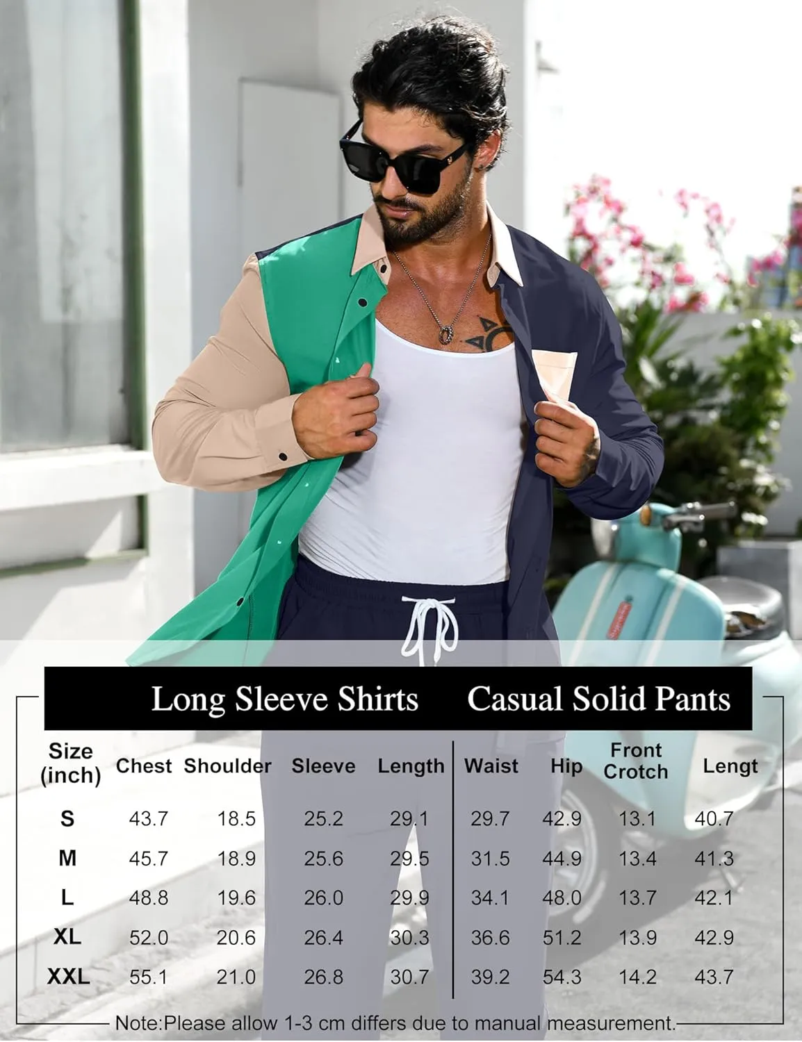 LecGee Mens 2 Piece Color Block Outfits Casual Long Sleeve Button Down Color Block Shirts and Pants Matching Set Sweatsuit