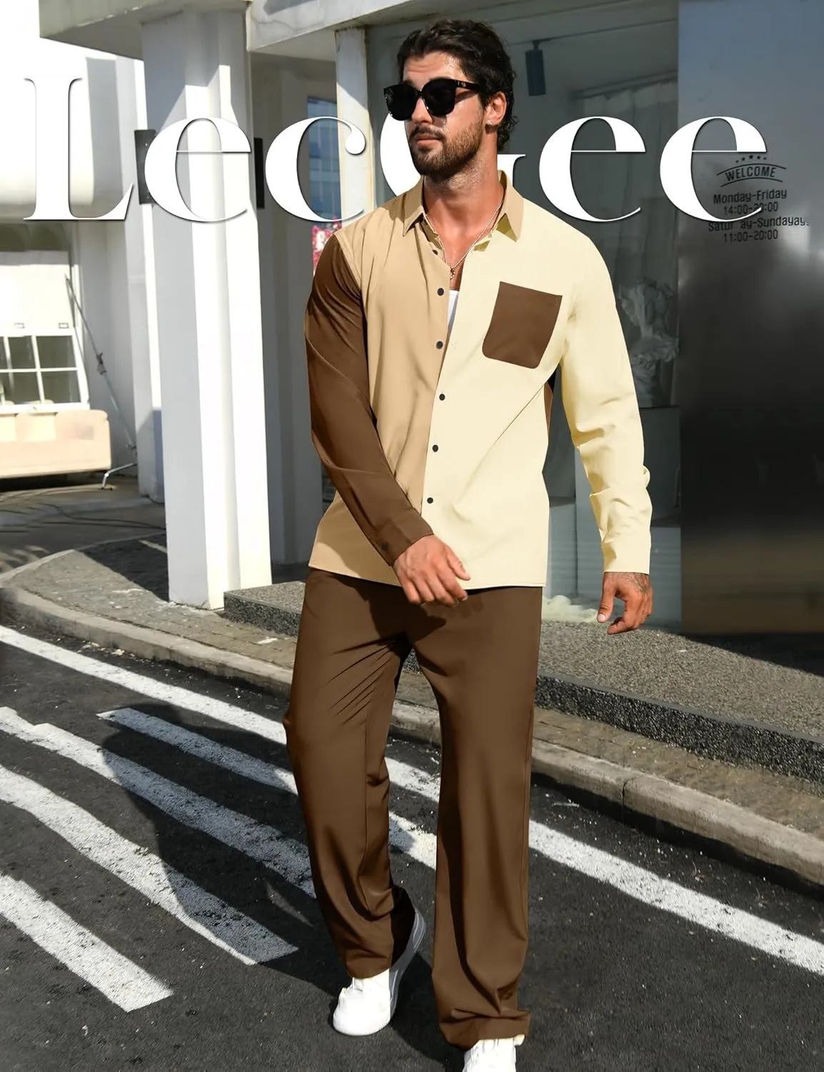 LecGee Mens 2 Piece Color Block Outfits Casual Long Sleeve Button Down Color Block Shirts and Pants Matching Set Sweatsuit