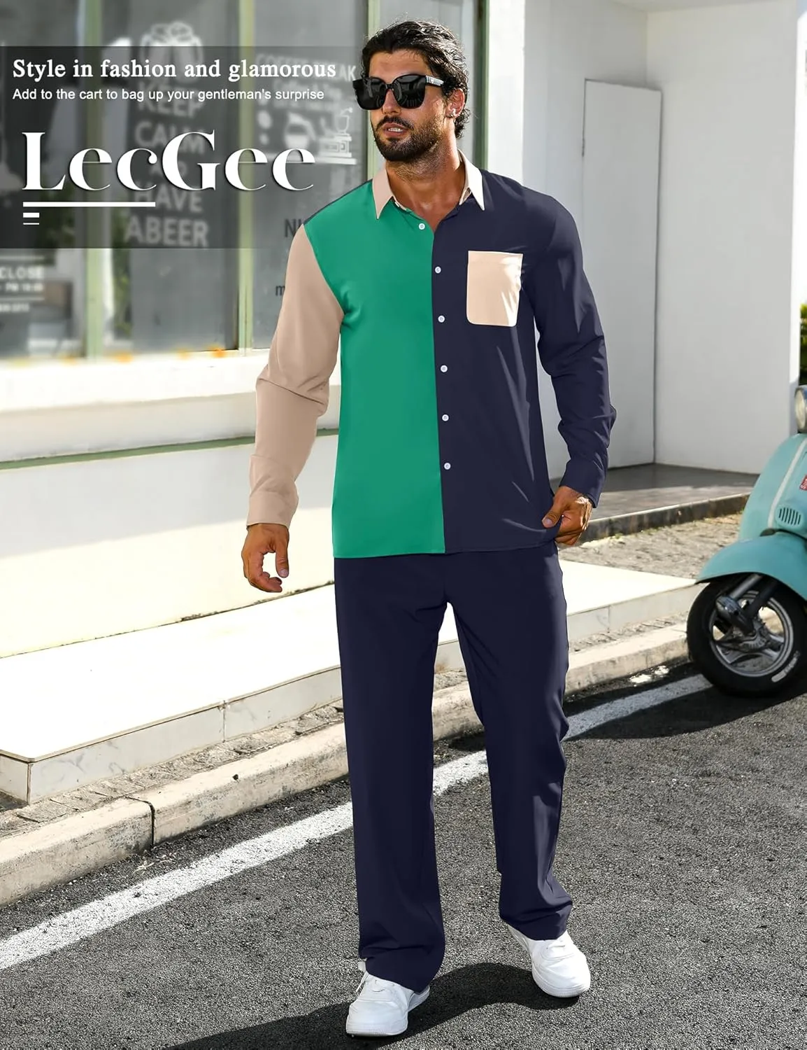LecGee Mens 2 Piece Color Block Outfits Casual Long Sleeve Button Down Color Block Shirts and Pants Matching Set Sweatsuit