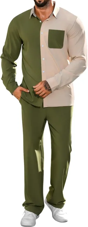 LecGee Mens 2 Piece Color Block Outfits Casual Long Sleeve Button Down Color Block Shirts and Pants Matching Set Sweatsuit