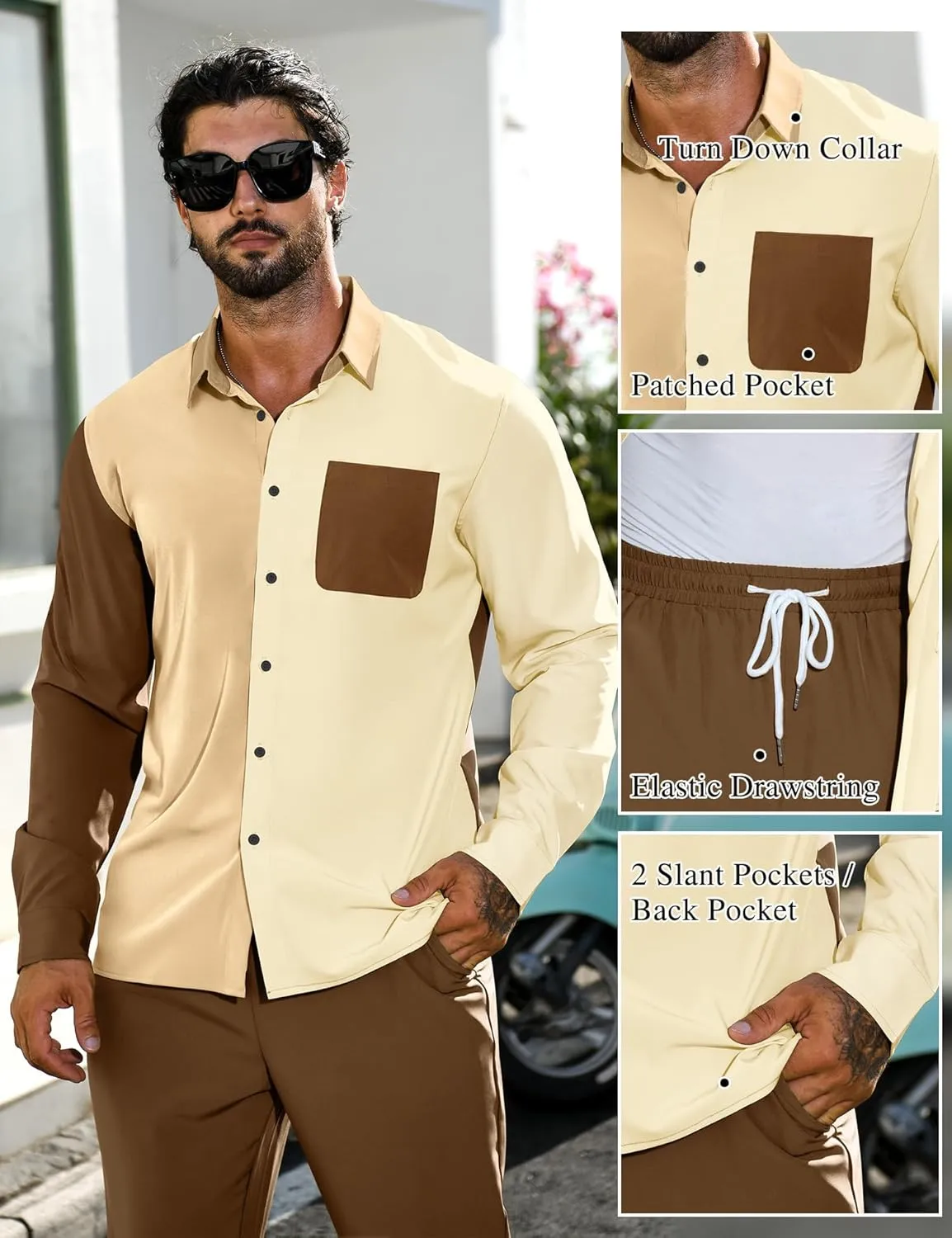 LecGee Mens 2 Piece Color Block Outfits Casual Long Sleeve Button Down Color Block Shirts and Pants Matching Set Sweatsuit