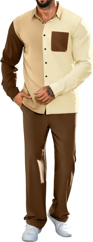 LecGee Mens 2 Piece Color Block Outfits Casual Long Sleeve Button Down Color Block Shirts and Pants Matching Set Sweatsuit