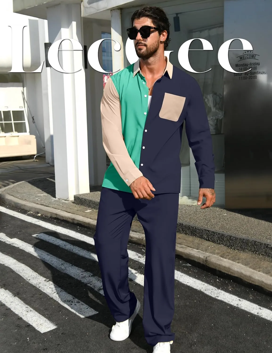 LecGee Mens 2 Piece Color Block Outfits Casual Long Sleeve Button Down Color Block Shirts and Pants Matching Set Sweatsuit