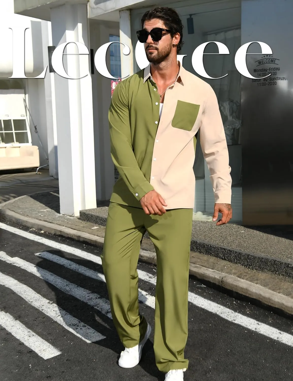 LecGee Mens 2 Piece Color Block Outfits Casual Long Sleeve Button Down Color Block Shirts and Pants Matching Set Sweatsuit