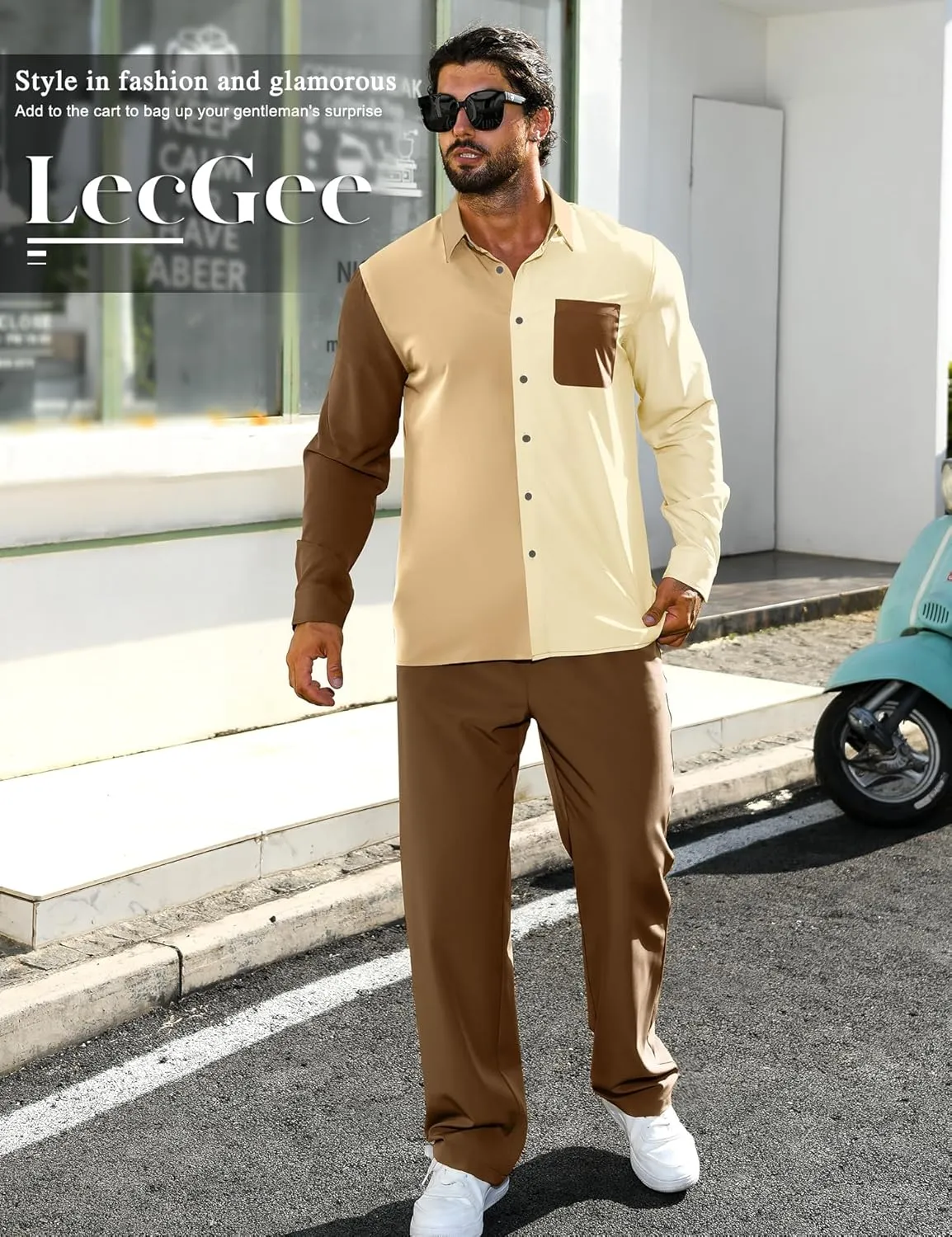 LecGee Mens 2 Piece Color Block Outfits Casual Long Sleeve Button Down Color Block Shirts and Pants Matching Set Sweatsuit