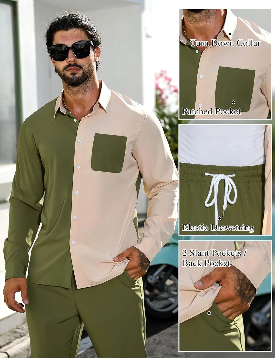 LecGee Mens 2 Piece Color Block Outfits Casual Long Sleeve Button Down Color Block Shirts and Pants Matching Set Sweatsuit