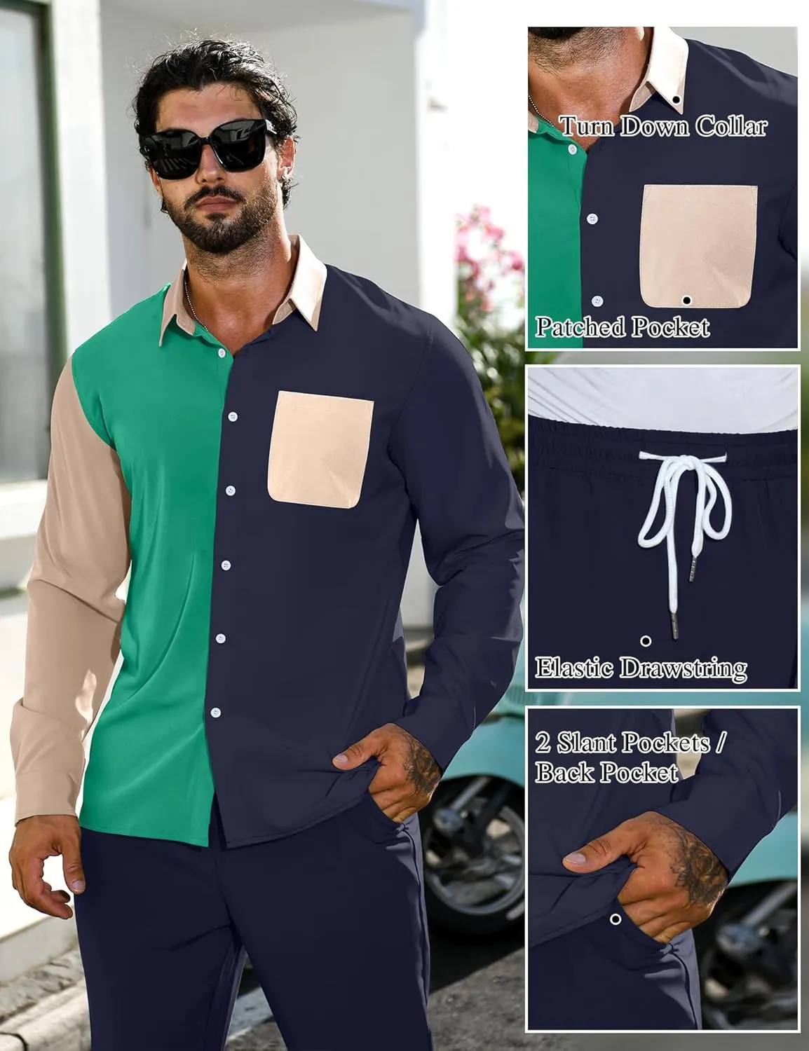 LecGee Mens 2 Piece Color Block Outfits Casual Long Sleeve Button Down Color Block Shirts and Pants Matching Set Sweatsuit