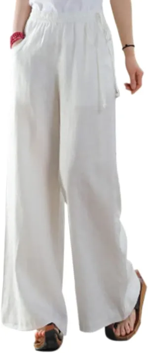 Les umes Women's Casual Wide Leg Long Pants High Waist Drawsting Loose Palazzo Pants Cotton Linen Beach Trousers