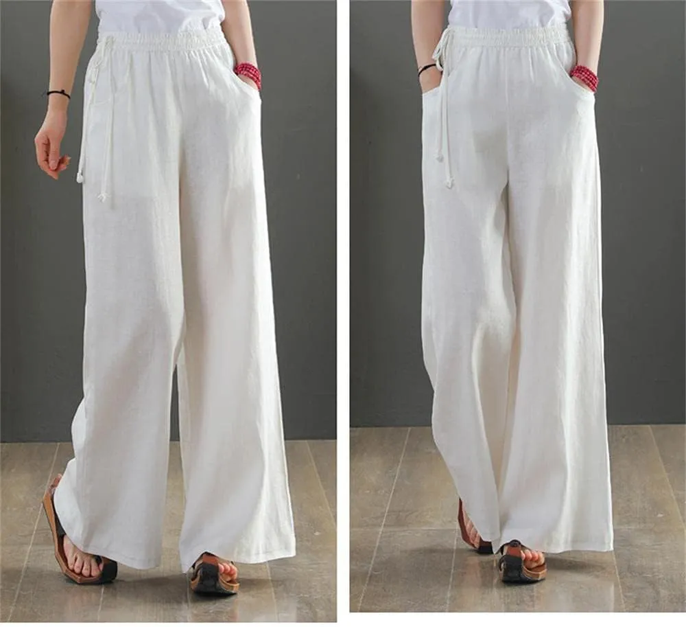 Les umes Women's Casual Wide Leg Long Pants High Waist Drawsting Loose Palazzo Pants Cotton Linen Beach Trousers