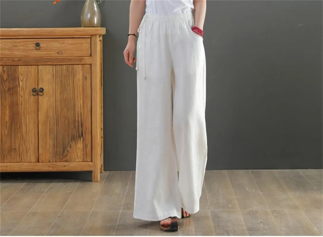 Les umes Women's Casual Wide Leg Long Pants High Waist Drawsting Loose Palazzo Pants Cotton Linen Beach Trousers