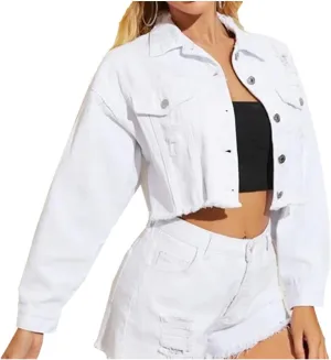 LifeShe Women Cropped Ripped Distressed Denim Jean Jacket Coat Fringe with Frayed Hem
