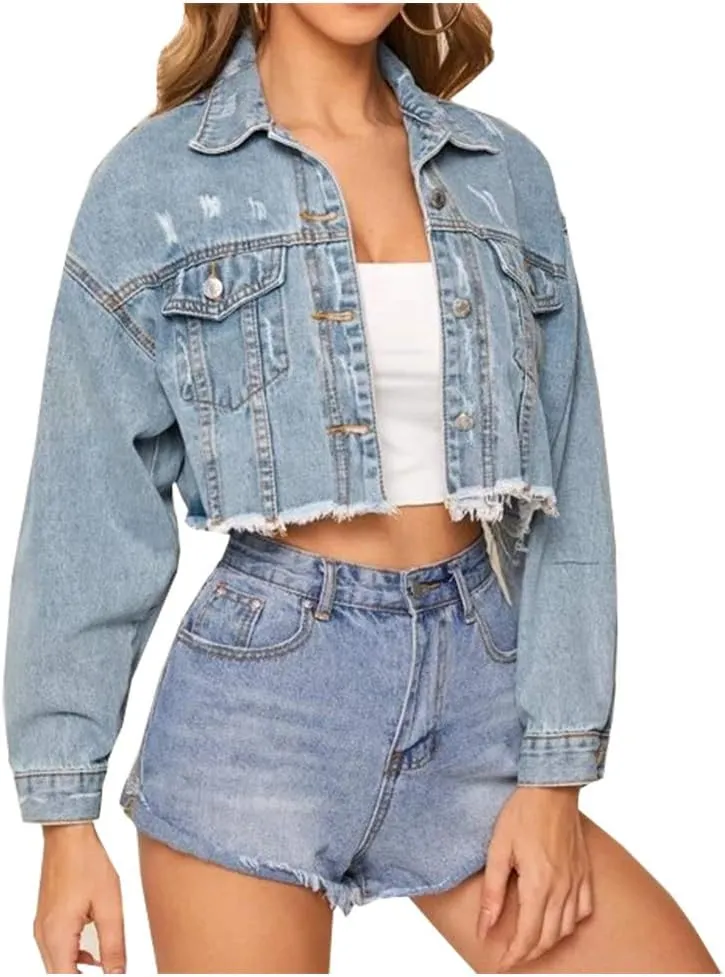 LifeShe Women Cropped Ripped Distressed Denim Jean Jacket Coat Fringe with Frayed Hem