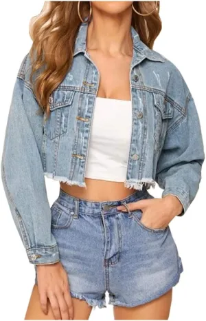 LifeShe Women Cropped Ripped Distressed Denim Jean Jacket Coat Fringe with Frayed Hem