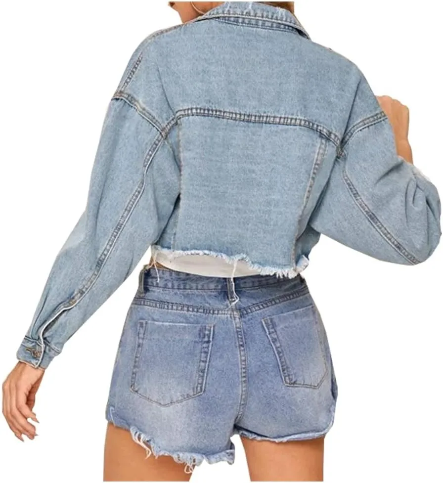 LifeShe Women Cropped Ripped Distressed Denim Jean Jacket Coat Fringe with Frayed Hem