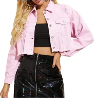 LifeShe Women Cropped Ripped Distressed Denim Jean Jacket Coat Fringe with Frayed Hem