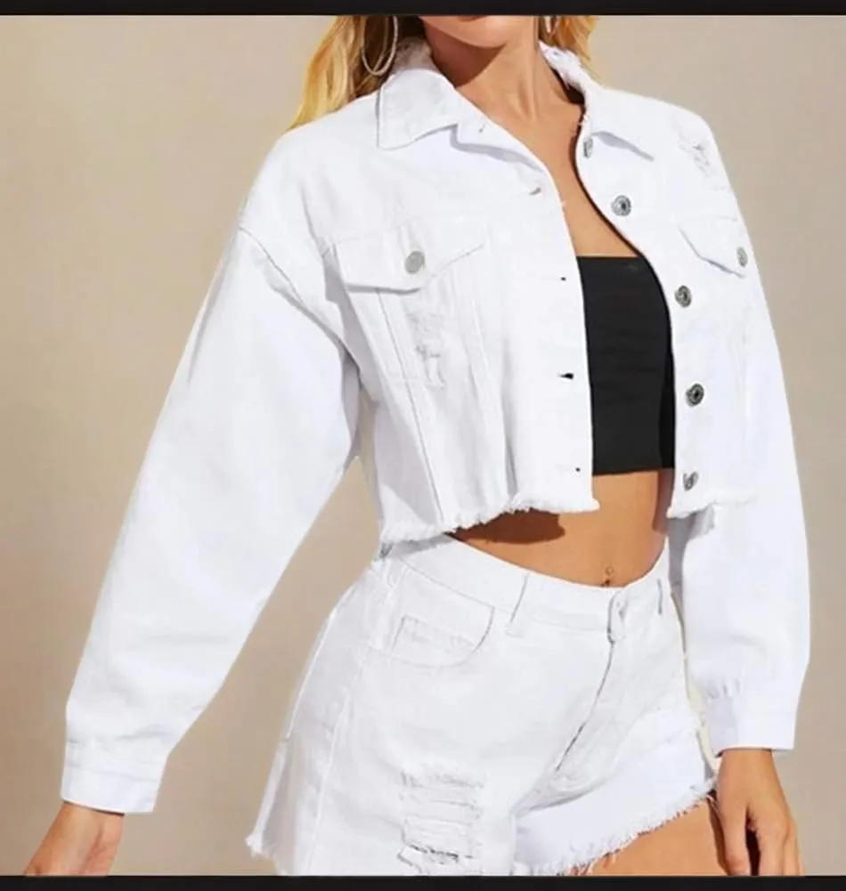 LifeShe Women Cropped Ripped Distressed Denim Jean Jacket Coat Fringe with Frayed Hem