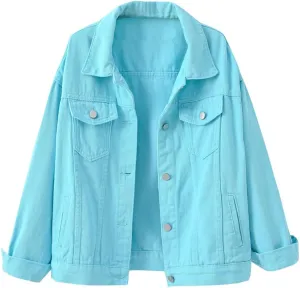 LifeShe Women's Basic Button Down Denim Jean Jacket Coat