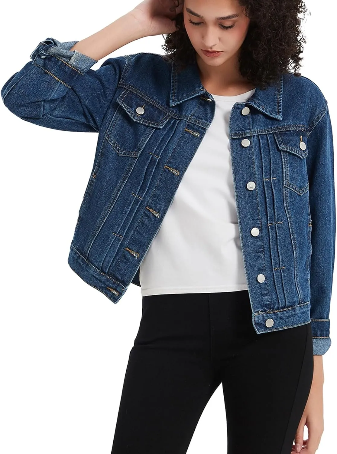 LifeShe Women's Basic Denim Jacket Button DownTrucker Jacket Slim Fit Jean Jacket Coat