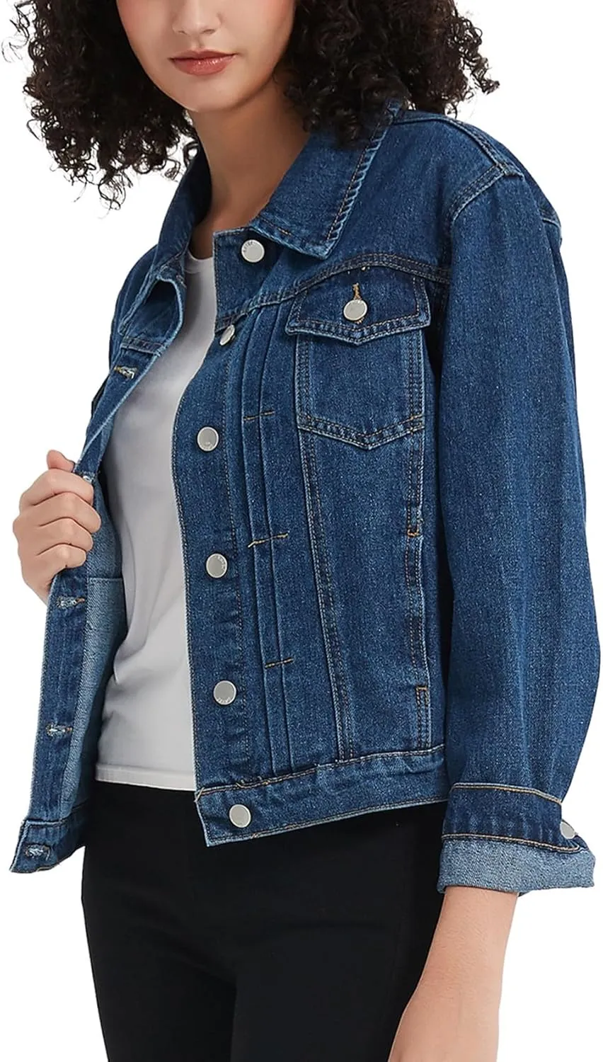 LifeShe Women's Basic Denim Jacket Button DownTrucker Jacket Slim Fit Jean Jacket Coat