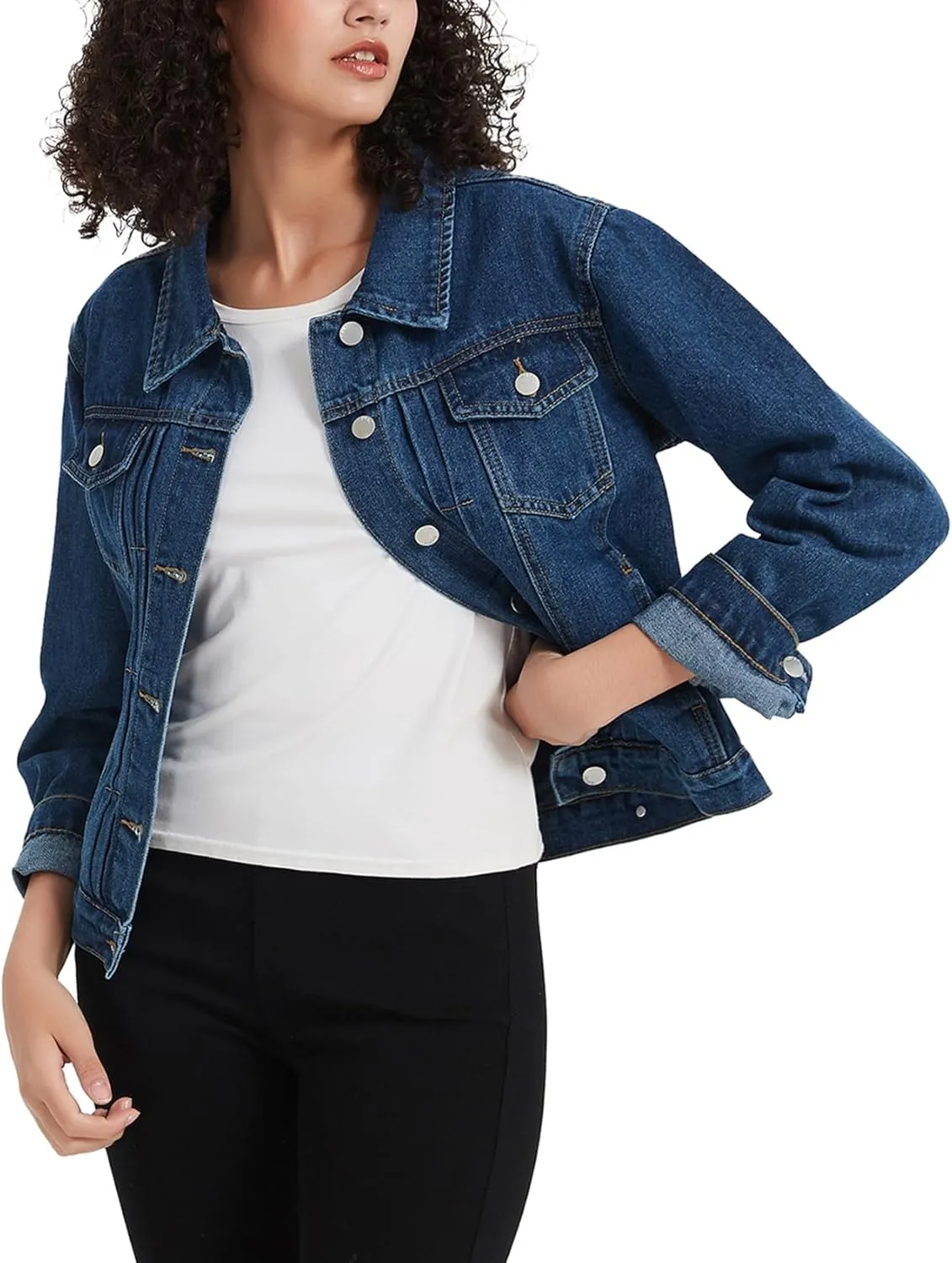 LifeShe Women's Basic Denim Jacket Button DownTrucker Jacket Slim Fit Jean Jacket Coat