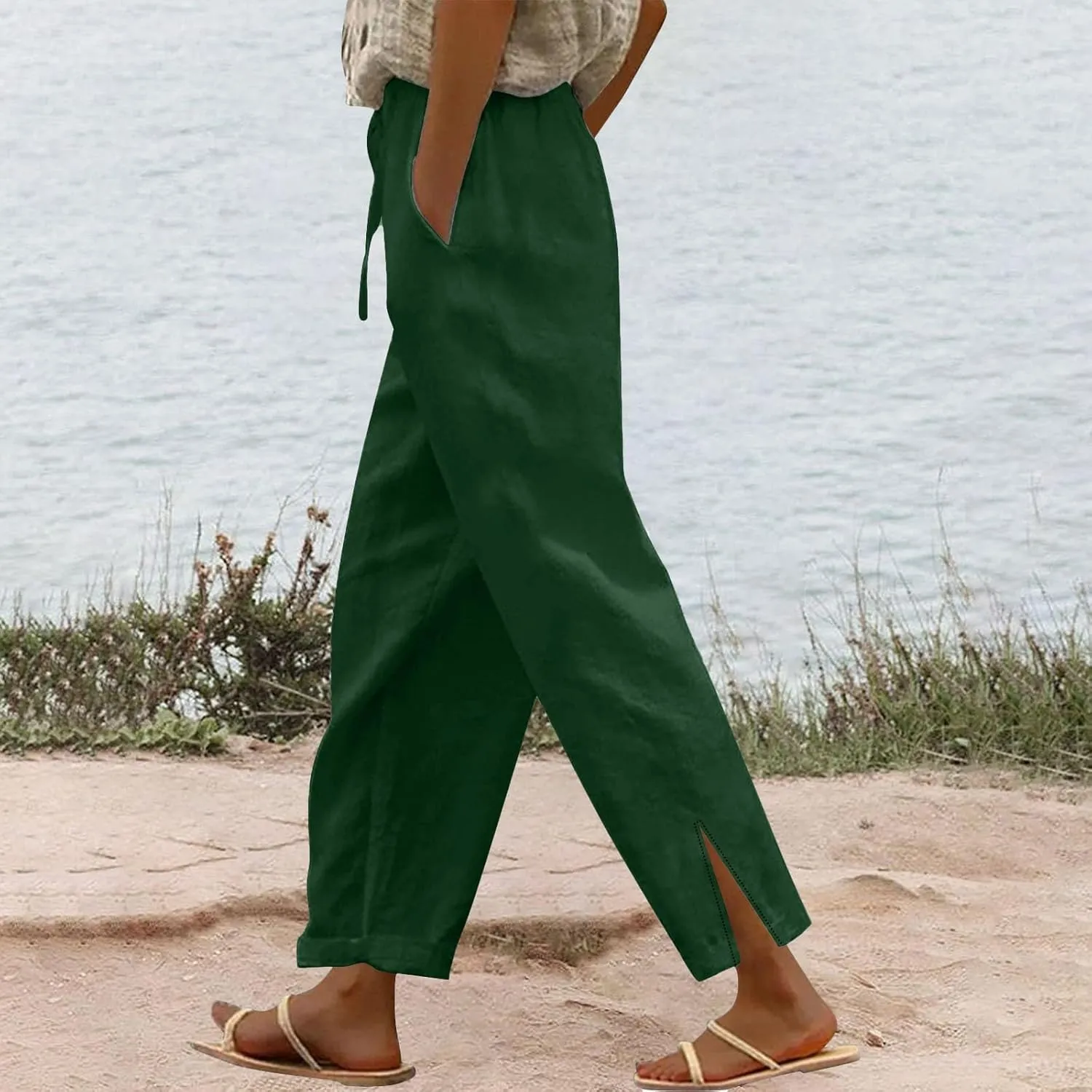 Lightweight Casual Linen Pants for Women Summer Stretchy Drawstring Hem Ankle Trousers Travel Beach Home Casual Pants
