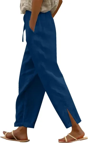 Lightweight Casual Linen Pants for Women Summer Stretchy Drawstring Hem Ankle Trousers Travel Beach Home Casual Pants