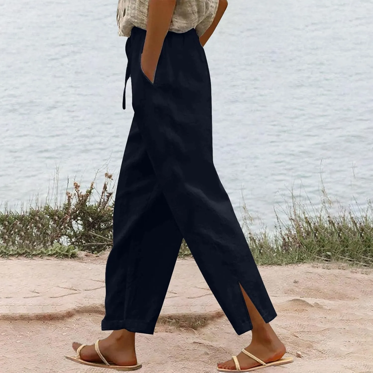 Lightweight Casual Linen Pants for Women Summer Stretchy Drawstring Hem Ankle Trousers Travel Beach Home Casual Pants
