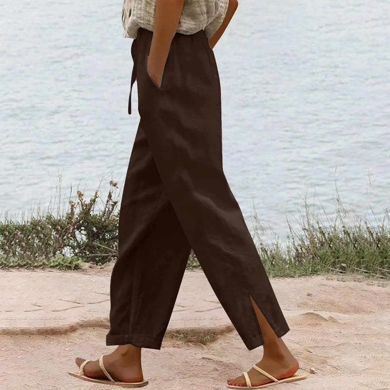 Lightweight Casual Linen Pants for Women Summer Stretchy Drawstring Hem Ankle Trousers Travel Beach Home Casual Pants