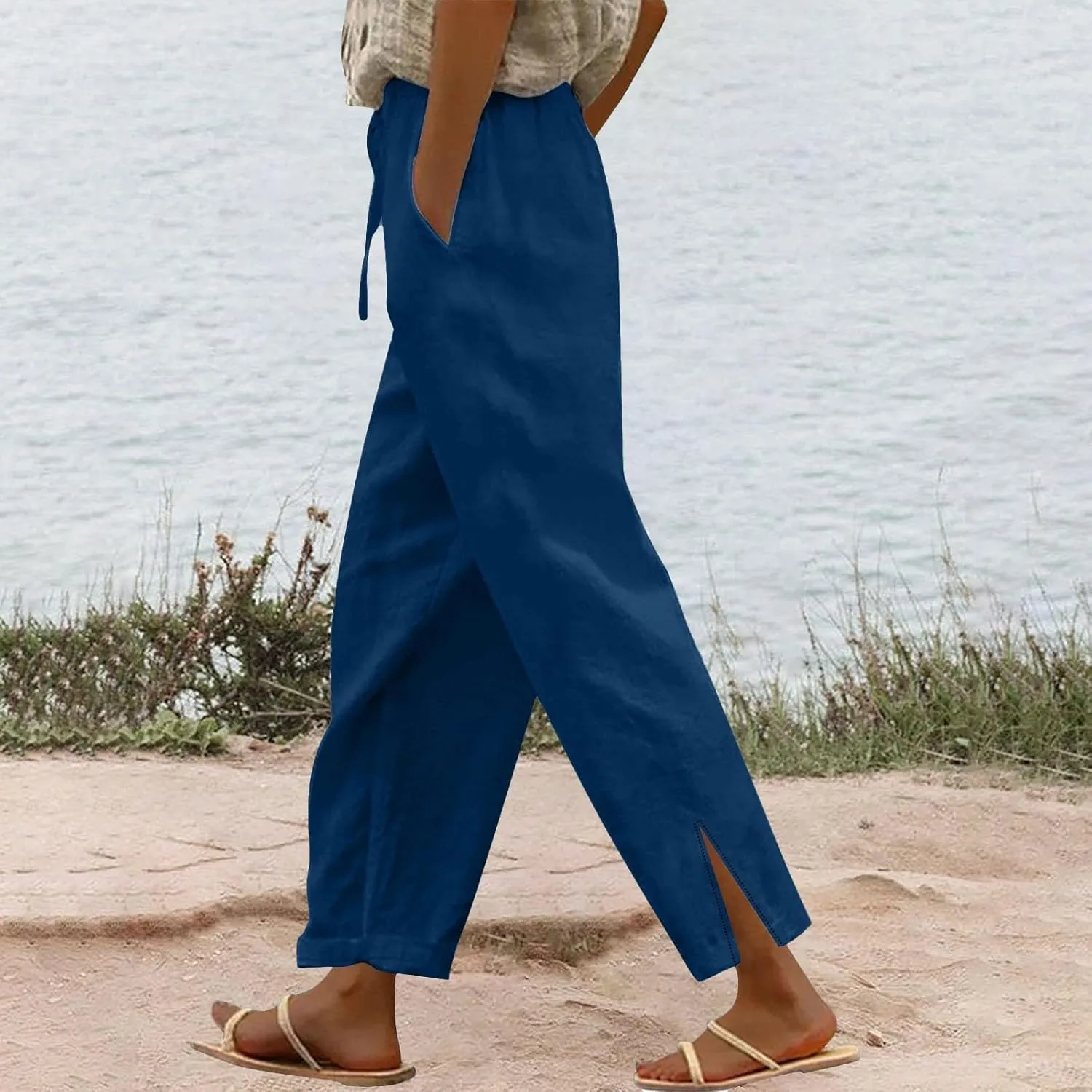 Lightweight Casual Linen Pants for Women Summer Stretchy Drawstring Hem Ankle Trousers Travel Beach Home Casual Pants
