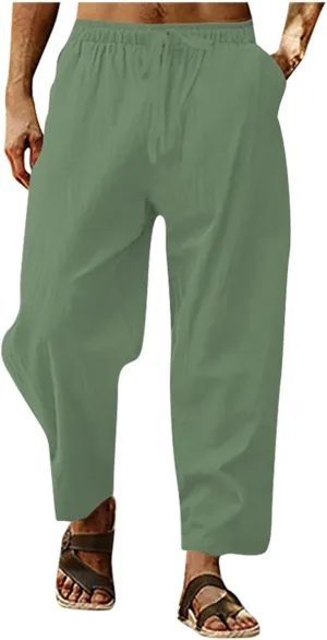 Lightweight Cotton Linen Pants for Men Elastic Waisted Straight Leg Beach Yoga Pants Breathable Running Trousers Chino Pants Slim Fit