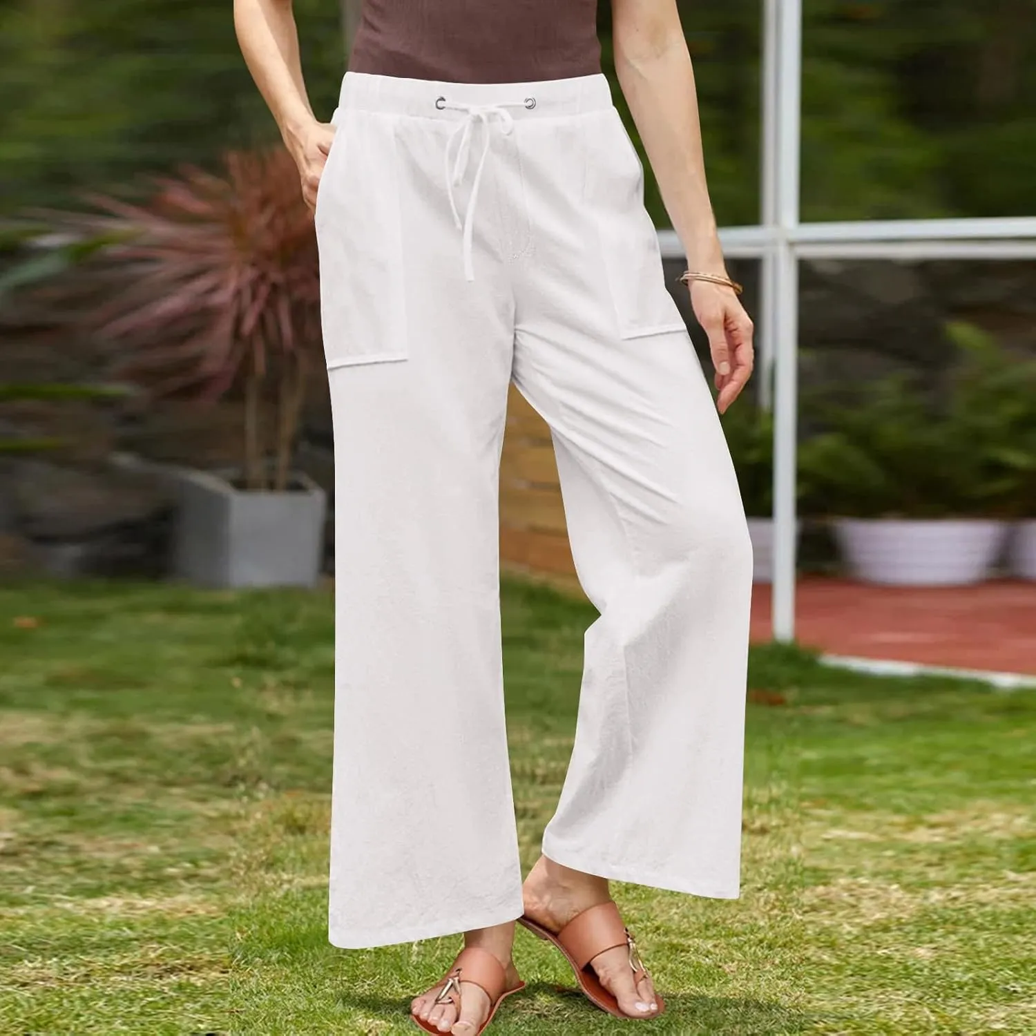 Lightweight Cotton Linen Pants Women Solid Drawstring Straight Wide Leg Trousers Summer Comfy Vacation Pant Plus Size