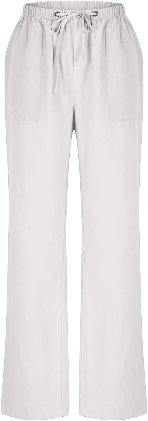 Lightweight Cotton Linen Pants Women Solid Drawstring Straight Wide Leg Trousers Summer Comfy Vacation Pant Plus Size