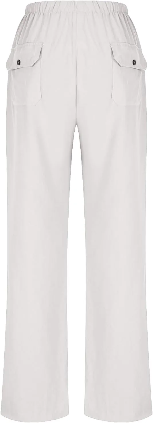 Lightweight Cotton Linen Pants Women Solid Drawstring Straight Wide Leg Trousers Summer Comfy Vacation Pant Plus Size