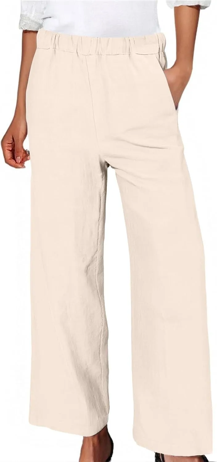 Linen Blend Pants for Women Summer 2025 Flowy Casual Lightweight Pants with Pockets Straight Leg Solid Cropped Sweatpants