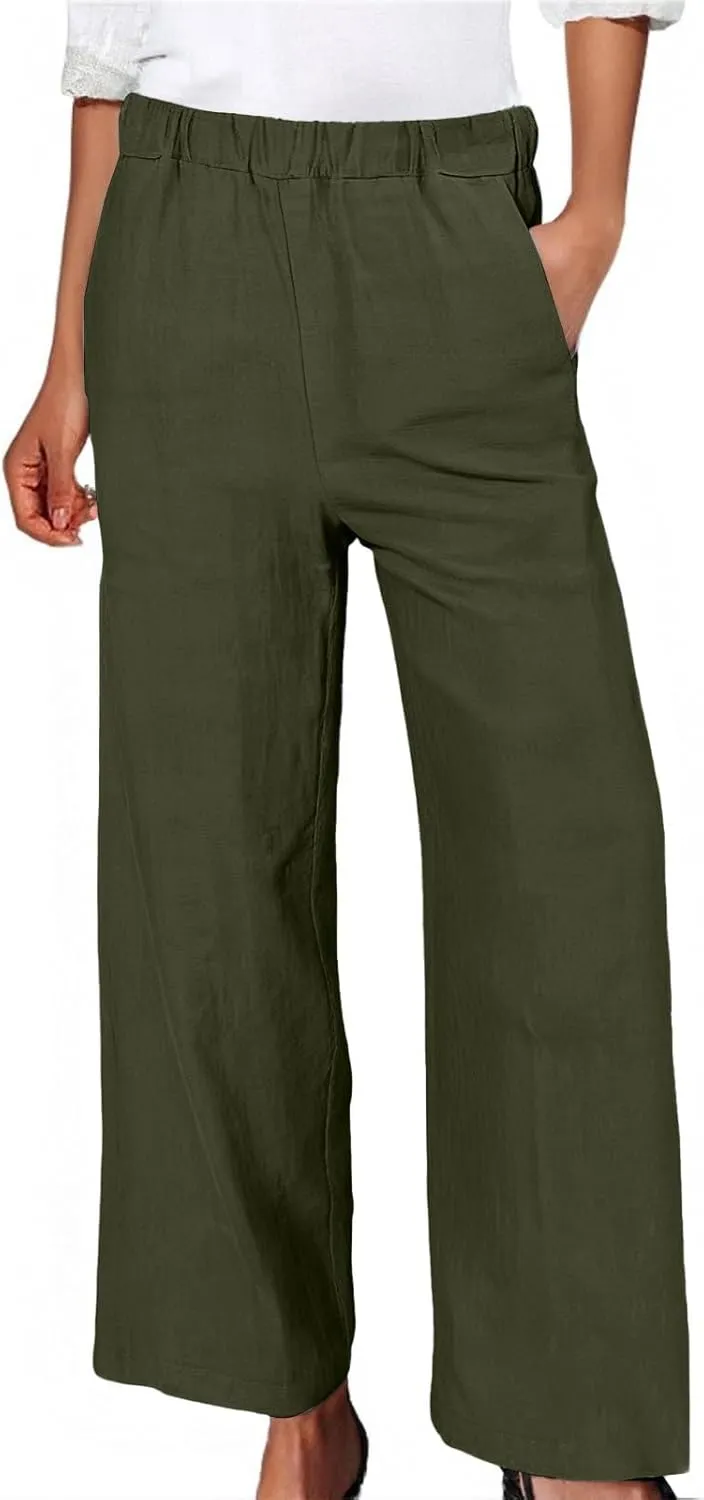 Linen Blend Pants for Women Summer 2025 Flowy Casual Lightweight Pants with Pockets Straight Leg Solid Cropped Sweatpants