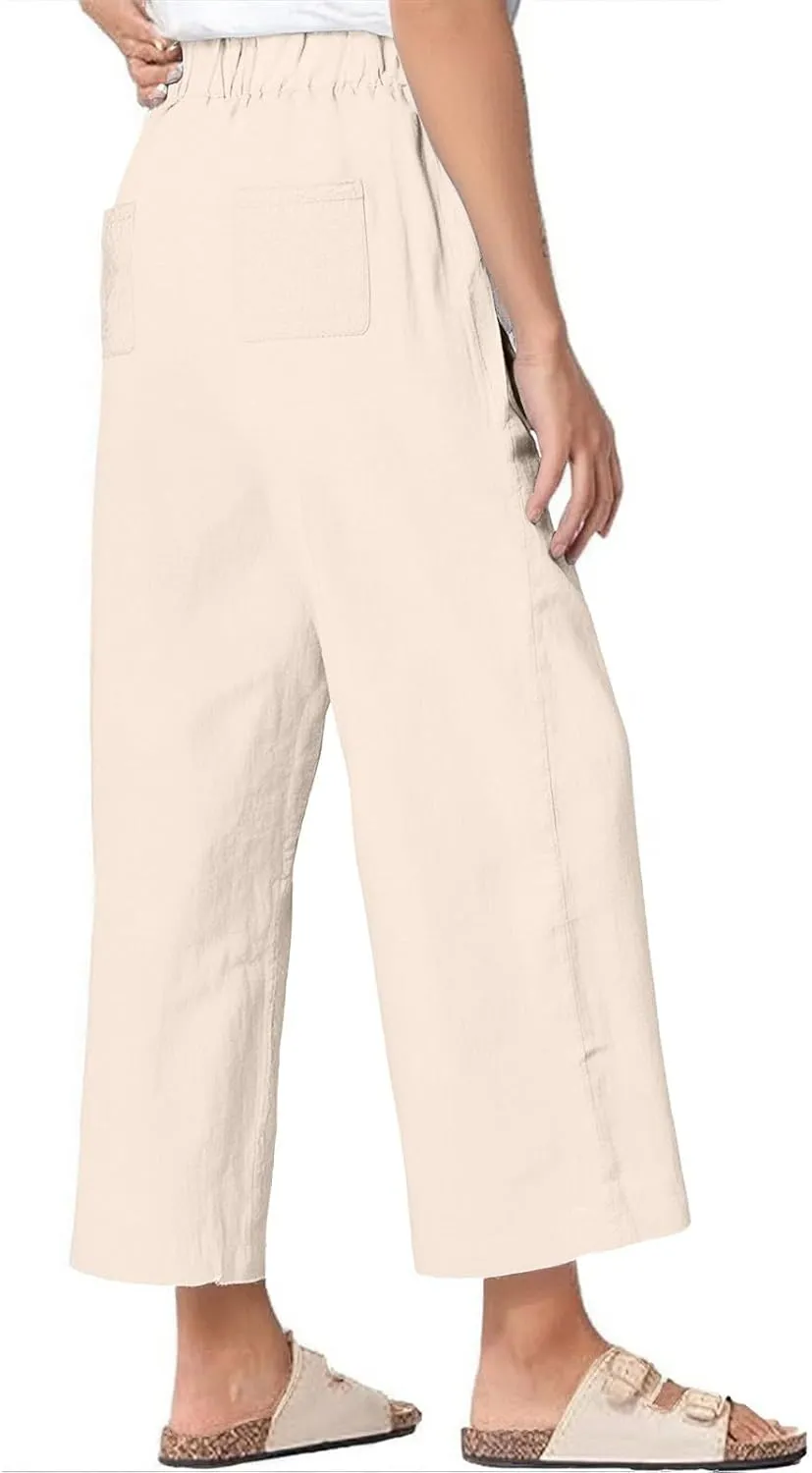 Linen Blend Pants for Women Summer 2025 Flowy Casual Lightweight Pants with Pockets Straight Leg Solid Cropped Sweatpants