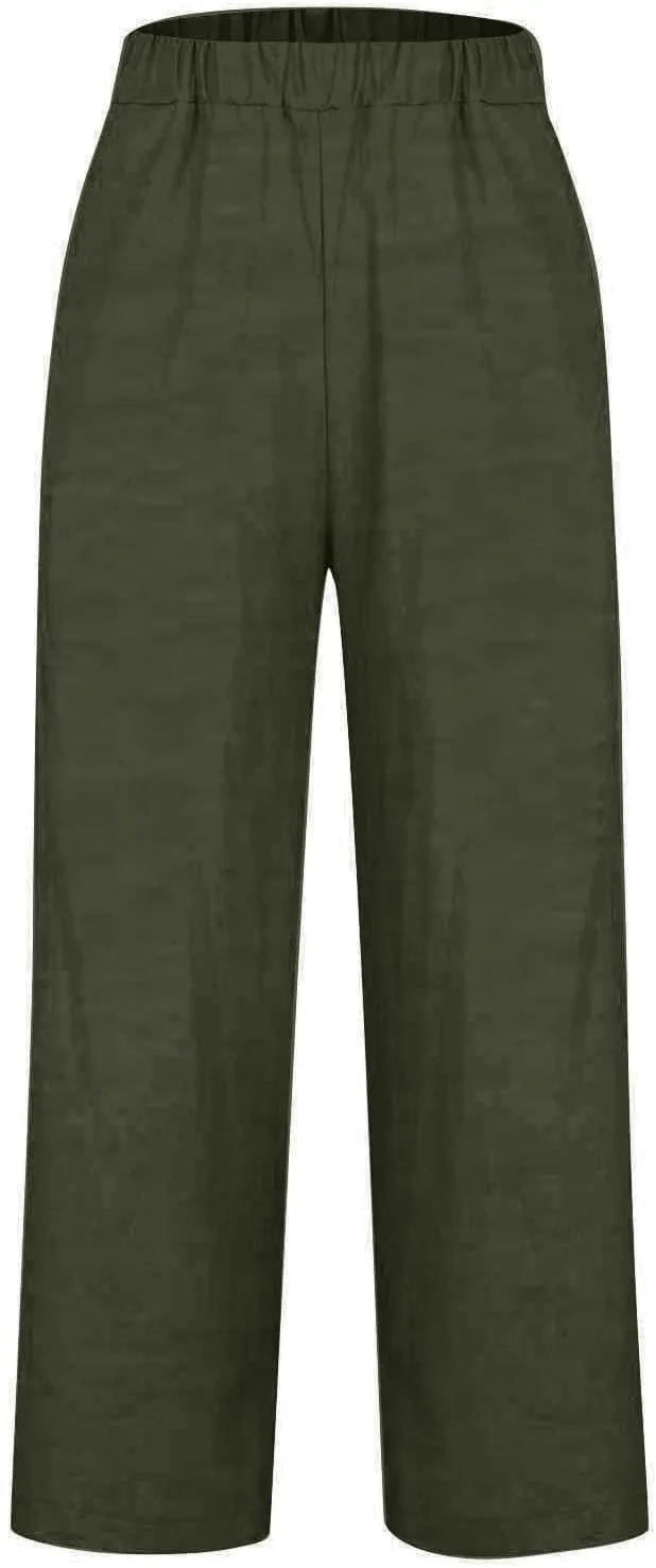 Linen Blend Pants for Women Summer 2025 Flowy Casual Lightweight Pants with Pockets Straight Leg Solid Cropped Sweatpants