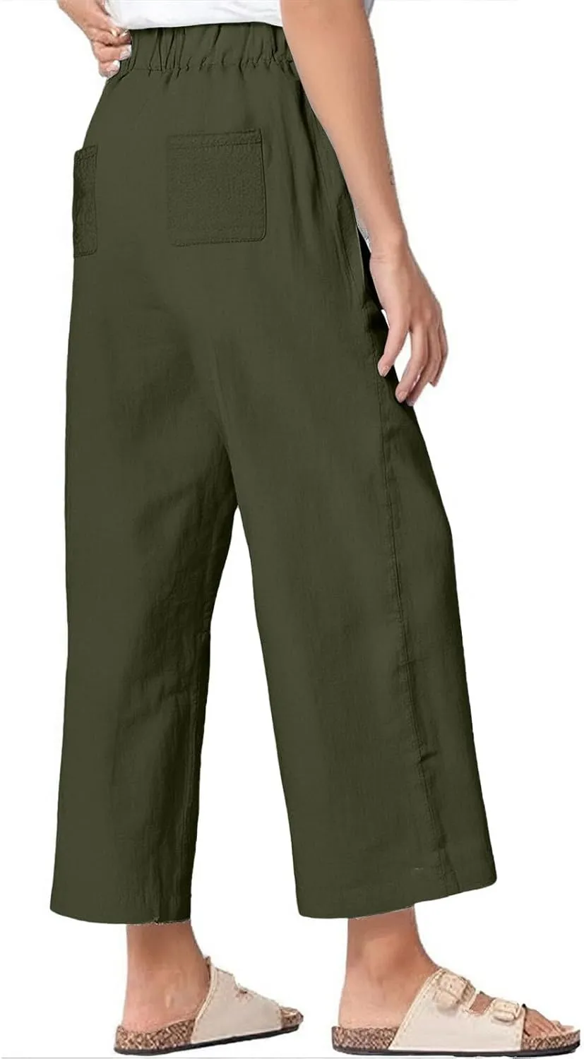 Linen Blend Pants for Women Summer 2025 Flowy Casual Lightweight Pants with Pockets Straight Leg Solid Cropped Sweatpants