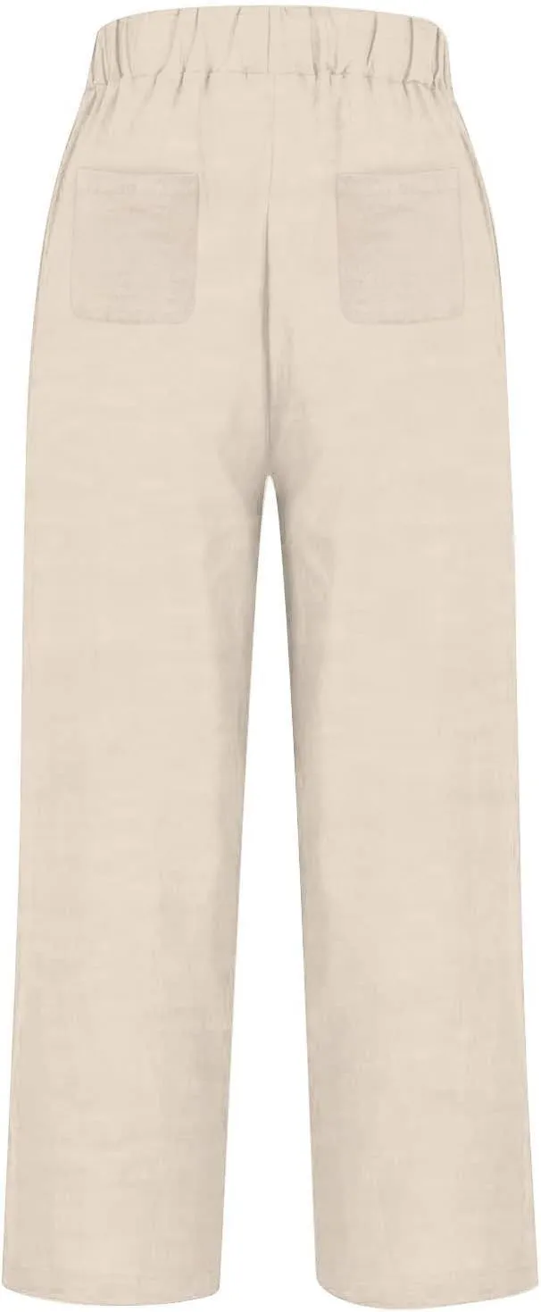 Linen Blend Pants for Women Summer 2025 Flowy Casual Lightweight Pants with Pockets Straight Leg Solid Cropped Sweatpants