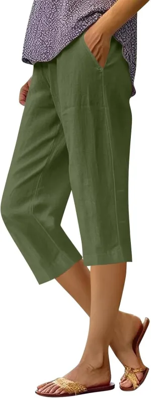Linen Capri Pants for Women Cotton Linen Pants Casual 2025 Comfy Trendy Elastic Waist Trouser Beach Vacation Clothes