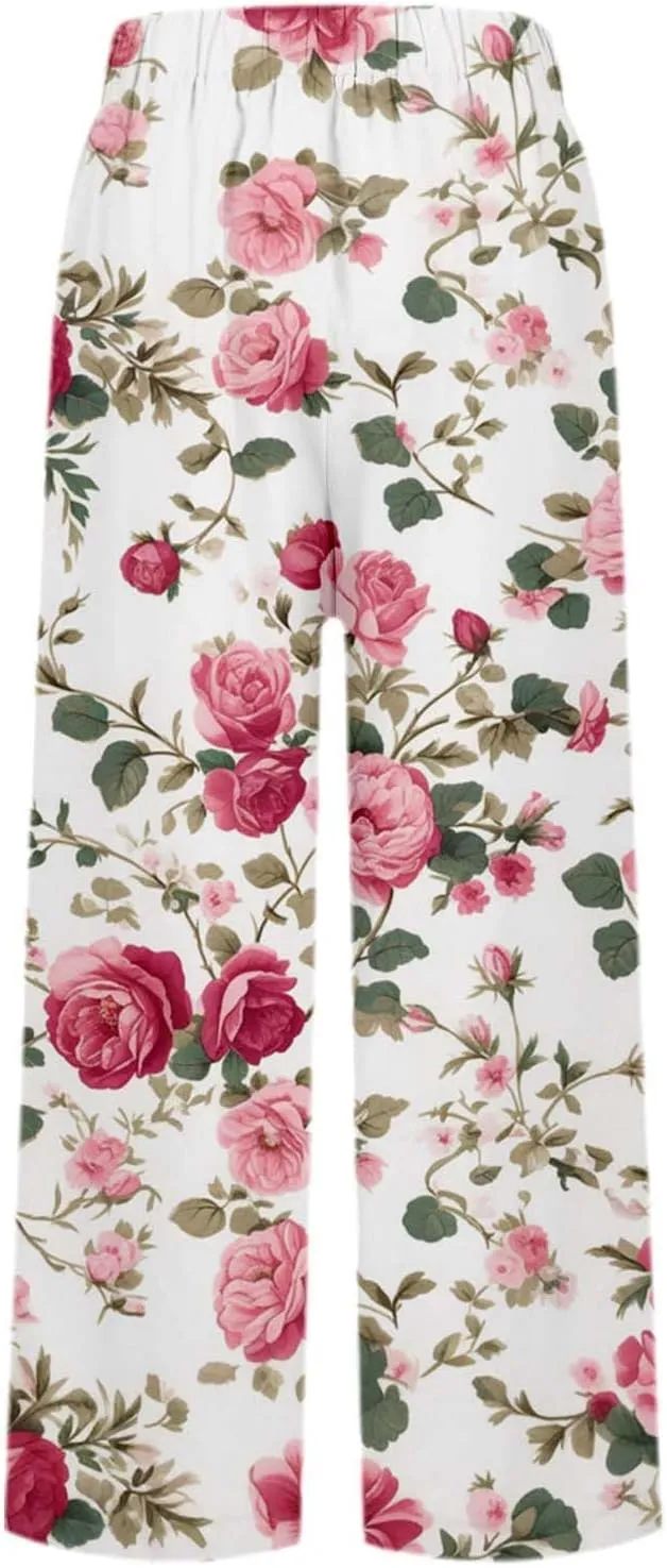 Linen Capri Pants for Women High Waist Floral Straight Leg Lounge Pants Comfy Soft Boho Trousers Casual Resort Wear