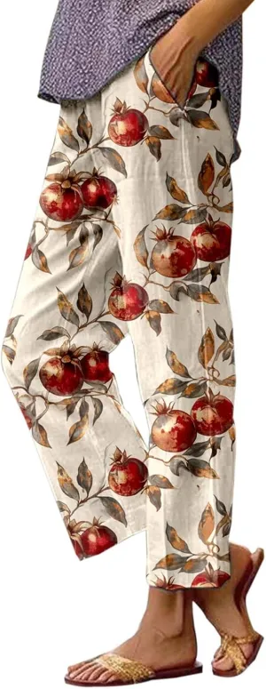 Linen Capri Pants for Women High Waist Floral Straight Leg Lounge Pants Comfy Soft Boho Trousers Casual Resort Wear
