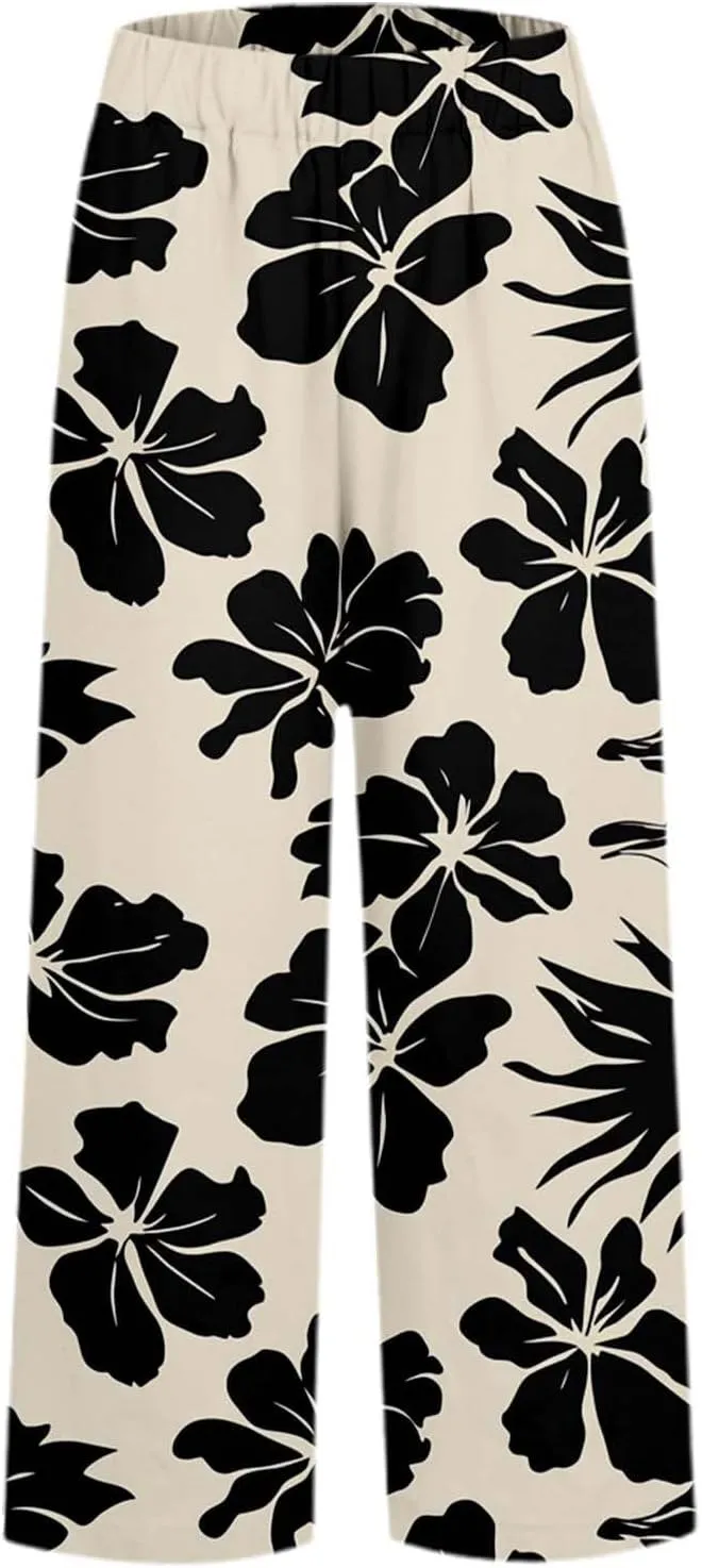 Linen Capri Pants for Women High Waist Floral Straight Leg Lounge Pants Comfy Soft Boho Trousers Casual Resort Wear